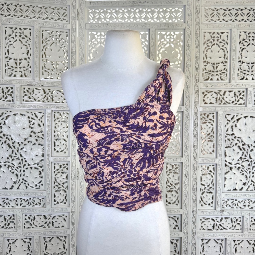 ZARA One Shoulder Crop Top Womens XS Smocked Boho Coquette Resort Vacation